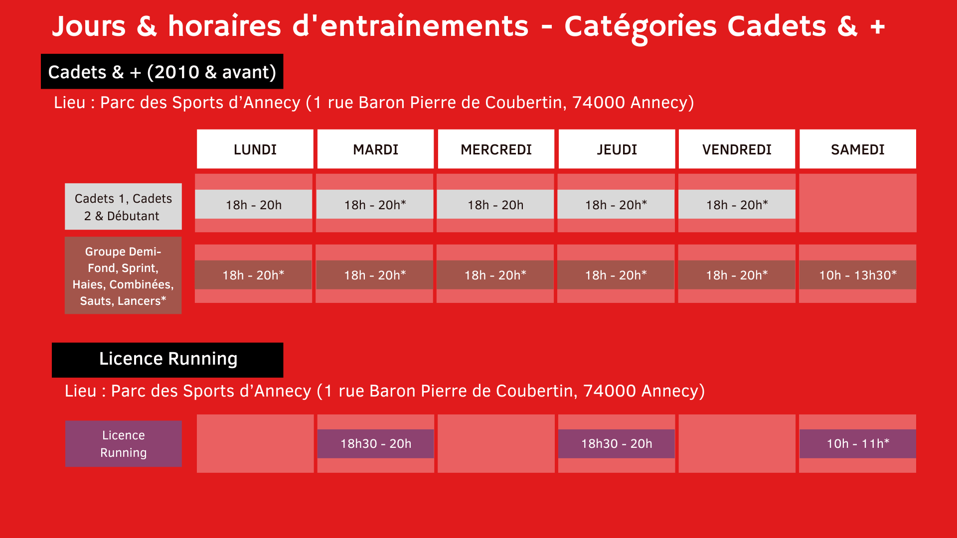 2 horaires entrainements athlétisme annecy